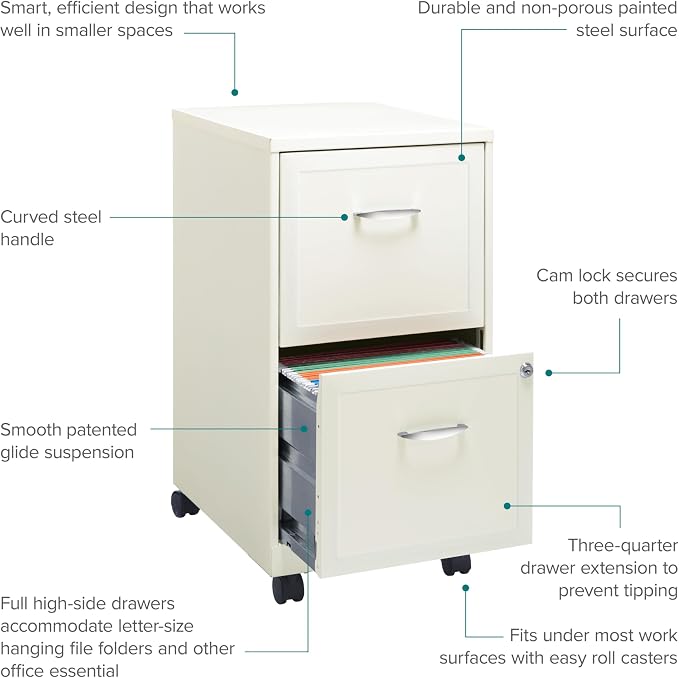 Space Solutions - 2 Drawer Fully Assembled Vertical Steel File Cabinet, Home & Small Office Use, Fits Under Most Desks, Letter-Size, Lock, Mobile, Pearl White