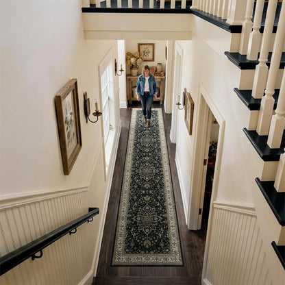 RELEANY Area Rugs Runner 2'x10' Washable Non-Slip, Floral Vintage Distress Medallion Carpet for Kitchen Hallway Bedroom Beside Laundry Room Bathroom, Vintage Black Brown Neutral