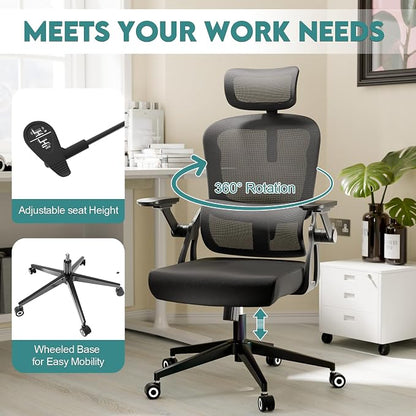 Monhey Ergonomic Office Desk Chair, 90°-125° Tilt Back Home Desk Chair with 360° Swivel & Mute Wheels, High Back Mesh Computer Chair for Adults with Lumbar Support, 330 LBS Capacity(05Black)