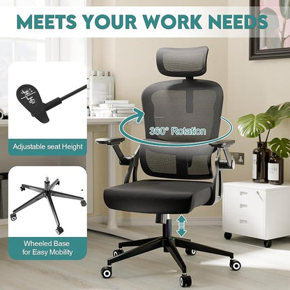 Ergonomic Office Chair - 400LB Comfy Desk Chairs with Adjustable Headrest and Lumbar Back Support, Mesh Computer Chairs with Wheels and Arms for Home Office, Study (218Black-With Headrest-NEW)
