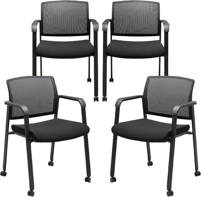 CLATINA Mesh Back Guest Reception Arm Chairs with Wheels, Waiting Room Chairs with Upholstered Fabric Seat and Ergonomic Lumbar Support for Office