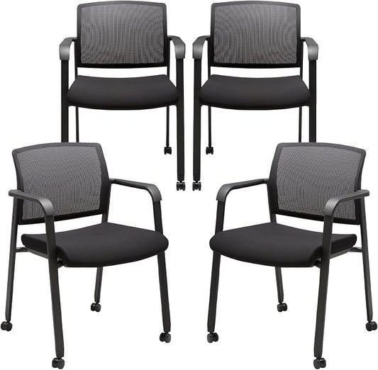 CLATINA Mesh Back Guest Reception Arm Chairs with Wheels, Waiting Room Chairs with Upholstered Fabric Seat and Ergonomic Lumbar Support for Office