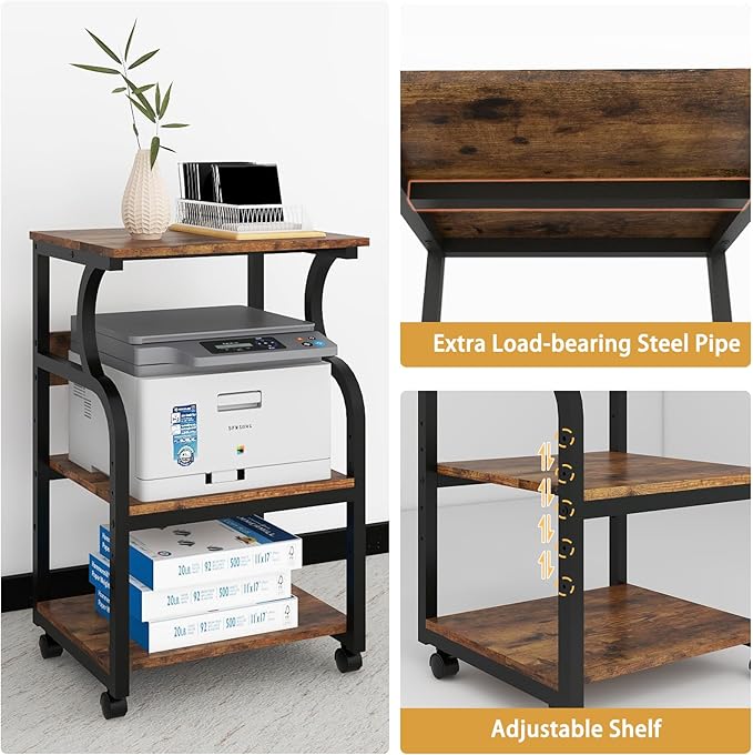 Natwind 3 Tier Printer Stand,Rolling Printer Table with Adjustable Storage Shelf for Home Office Organization,Multifunctional Shelves for Heat Press,3D Printer (Retro)