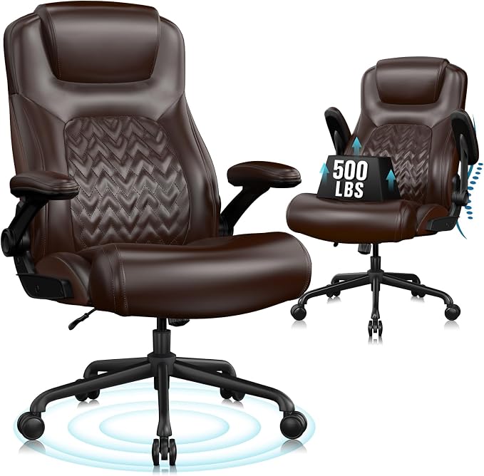 Flysky Executive Ergonomic Office Chair - Big and Tall Office Chair for Heavy People, PU Leather, Lumbar Support, Flip-up Armrest, High Back, Height Adjustable, Brown
