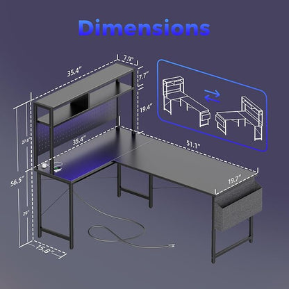 Mericonia 51 inch Large L Shaped Desk with Pegboard Hutch & Shelves, Corner Gaming Desk with Power Outlet, LED Light & Storage Bag, Reversible Computer Desk for Home, Bedroom, Office Workspace, Black