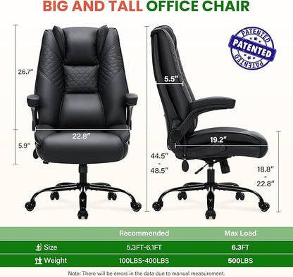 500lbs Big and Tall Office Chair with Inflatable Lumbar Support, Rubber Wheels Executive Chair with Rocking Function, High Back Wide Cushion Leather Ergonomic Computer Desk Chair for All-Day Sitting