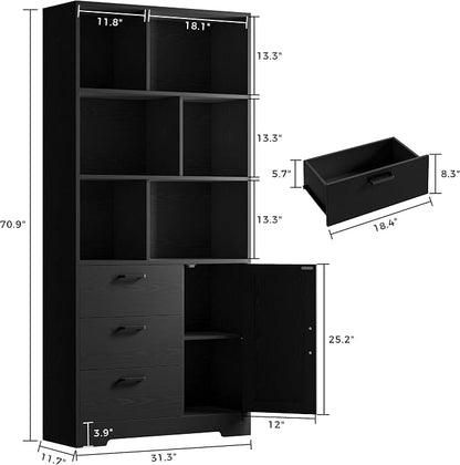 IRONCK Bookshelf, 70.9 Inch Tall Bookcase, Black Book Shelf with Doors and 3 Drawers, 3-Tier Bookshelves with 6 Open Cubes for Home Office, Living Room, Study