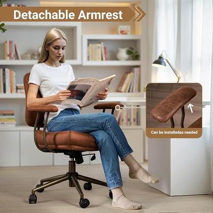 Ergonomic Home Office Chair, Mid-Century Faux Leather Home Office Desk Chairs with Wheels, Office Computer Chair with Rocking Swivel (Dark Brown,Suede)