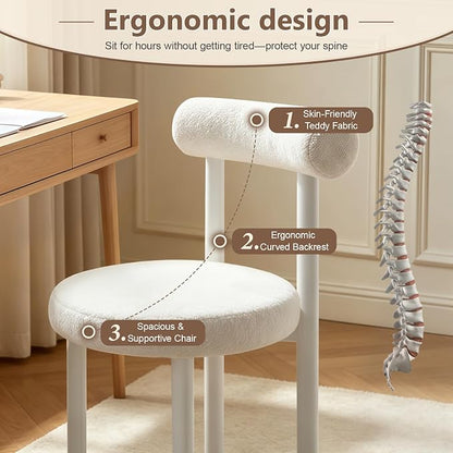 Cute Small Armless Desk Chair, Ergonomic Comfy Vanity Chairs Lumbar Support with Back for Makeup, Teddy Fabric Computer Desk Chair for Home, Bedroom, Vanity, Teens, Adults