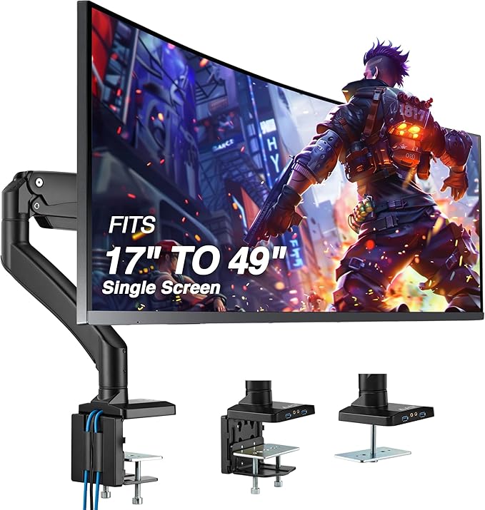 AVLT Single 17"-49" Super Ultrawide Monitor Arm Desk Mount for Screens up to 50 lbs, Premium Aluminum Stand, Adjustable Pneumatic Height, Full Motion Swivel Tilt Rotation, USB 3.0 & AUX Ports, Black