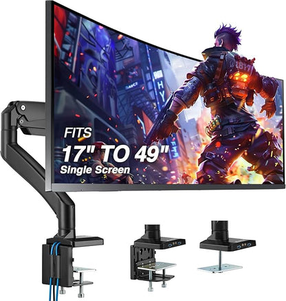 AVLT Single 17"-49" Super Ultrawide Monitor Arm Desk Mount for Screens up to 50 lbs, Premium Aluminum Stand, Adjustable Pneumatic Height, Full Motion Swivel Tilt Rotation, USB 3.0 & AUX Ports, Black