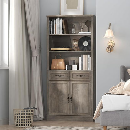Thacuok 72'' Tall Bookcase with Doors and Drawers, Adjustable Shelves, P2 MDF Construction, 32'' Wide Freestanding Cabinet with Metal Handles, Hidden Storage for Living Room, Bedroom