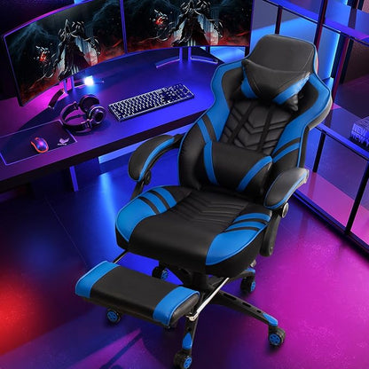 Goplus Gaming Chair, Computer Chair with Footrest and Lumbar Support, Height Adjustable Executive Swivel Rolling Task Chair with 90°-155° Tilt Function (Blue)