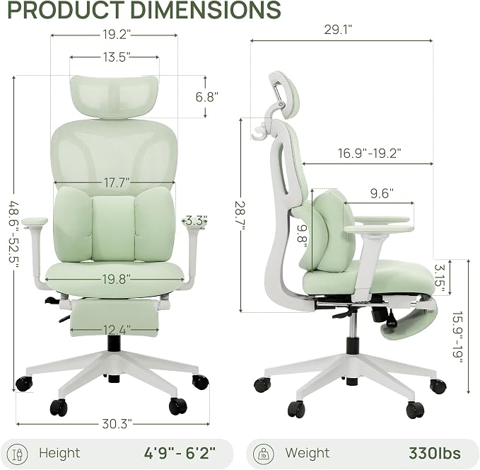 CabLady S1 High Back Ergonomic Mesh Office Chair with Footrest, 300 lbs | 115° Recline Lock, Adjust Seat Depth, 2D Arms, 3D Headrest, Detachable Lumbar Support, Breathable Mesh, BIFMA, Green