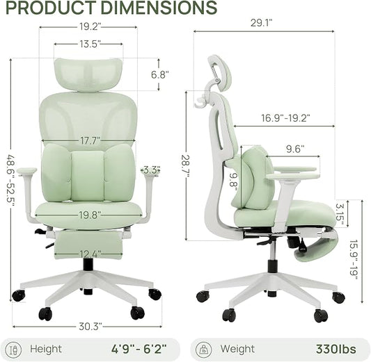 CabLady S1 High Back Ergonomic Mesh Office Chair with Footrest, 300 lbs | 115° Recline Lock, Adjust Seat Depth, 2D Arms, 3D Headrest, Detachable Lumbar Support, Breathable Mesh, BIFMA, Green