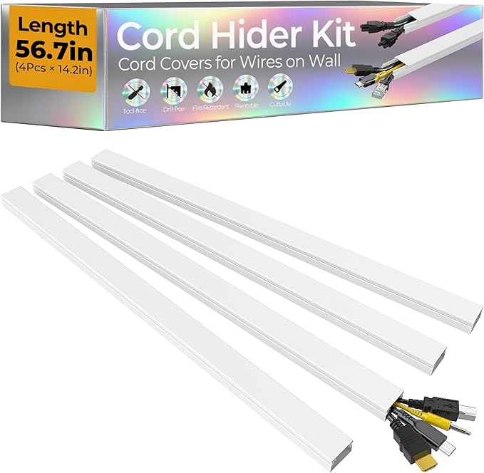 56.7in TV Cord Hider Wall, Cord Covers for 2-4 Wires on Wall, Self-Adhesive TV Cable Hider Wall, Paintable Wire Hider Wire Covers for Cords on Wall, TV Cable Management Raceway, W0.95 H0.55in, White