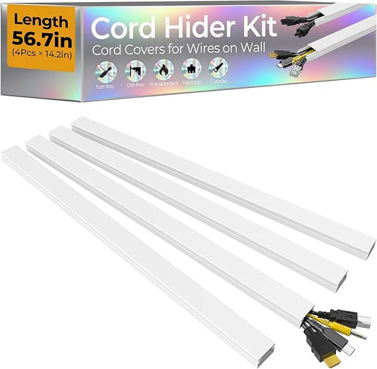 56.7in TV Cord Hider Wall, Cord Covers for 2-4 Wires on Wall, Self-Adhesive TV Cable Hider Wall, Paintable Wire Hider Wire Covers for Cords on Wall, TV Cable Management Raceway, W0.95 H0.55in, White