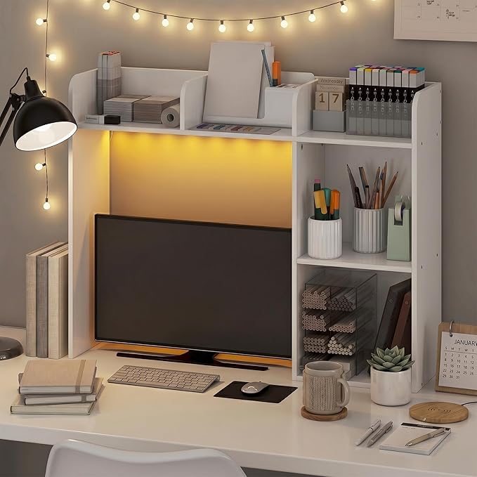 Furinno Classic Desk Shelf with LED Lights, 5-Shelf Hutch, White | LED Desktop Book Shelf, Desk Organzier, for Office Supplies, Office Desk Accessories