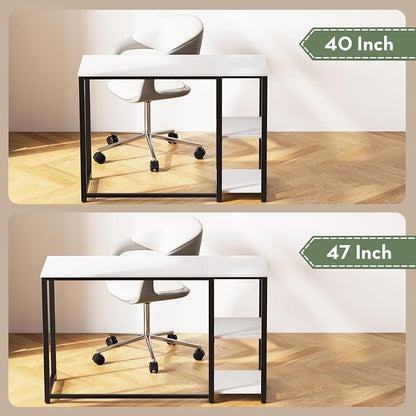 SINPAID 40 Inch Small Computer Desk with Shelves for Small Spaces, Easy Assembly Study Desk, Sturdy Writing Desk for Bedroom & Home Office, Cream White