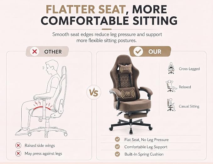 Office Desk Computer Gaming Chair for Adults, Ergonomic High Back Gamer Chair with Massage and Pocket Spring Cushion, Swivel Comfy Video Game Chairs with Footrest and Lumbar Support (Pro Brown)