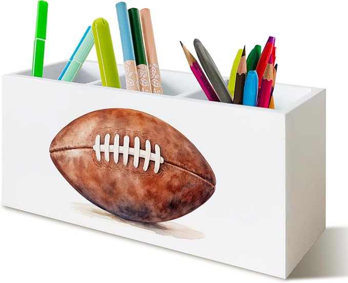 American Football Pen Pencil Holder Organizer for Desk, Gifts for Football Fan Lovers Players Wooden Box Block Sign for Home Office Tabletop Decor
