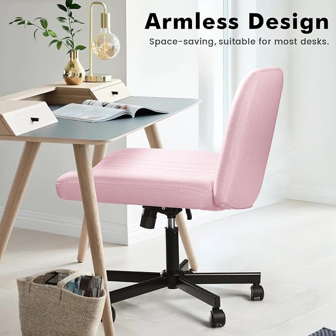 LEMBERI Criss Corss Chair with Wheels,Fabric Padded Armless Wide Office Desk Chairs,120° Rocking Swivel Mid Back Computer Task Vanity Chair for Home Office, Small Space