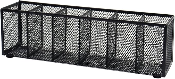 Black Mesh Pen Pencil Holder, Small Metal Desk Organizer Desktop Stationery Office Supplies Acessories Storage Stand, 6 Compartments Brushes Holder for Home School Classroom Teachers