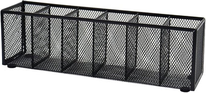 Black Mesh Pen Pencil Holder, Small Metal Desk Organizer Desktop Stationery Office Supplies Acessories Storage Stand, 6 Compartments Brushes Holder for Home School Classroom Teachers
