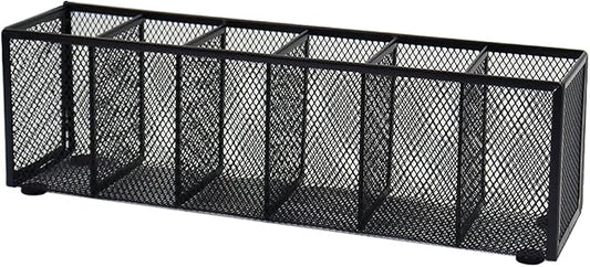 Black Mesh Pen Pencil Holder, Small Metal Desk Organizer Desktop Stationery Office Supplies Acessories Storage Stand, 6 Compartments Brushes Holder for Home School Classroom Teachers