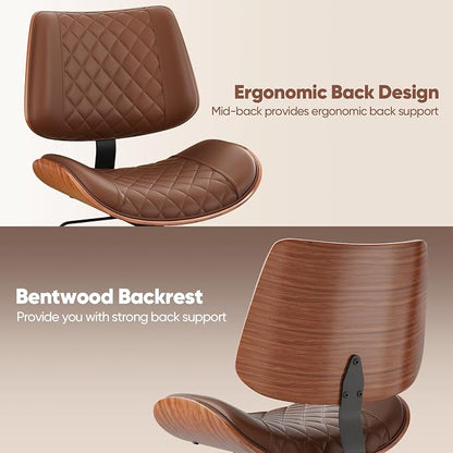 Home Office Desk Chair with Swivel Wheels, Modern PU Leather Armless Office Chair, Small Mid Back Computer Chair for Home Office, Reading Meeting Room (Coffee Brown, Gold Wheels)