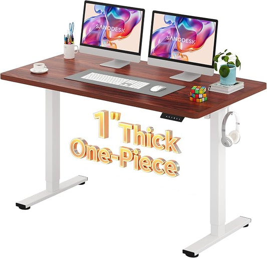 SANODESK Electric Standing Desk 55 x 28 Inches Whole-Piece Desktop Height Adjustable Stand Up Desk w/6-Button Controller Ergonomic Computer Desk for Home Office, White Frame + Mahogany Tabletop