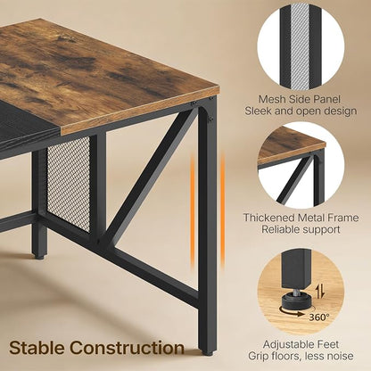 YATINEY 70.9" Computer Desk with Power Outlets, Gaming Desk, Large Office Executive Desk Workstation, Business Furniture for Home Office, Study, Rustic Brown and Black DN18UBR