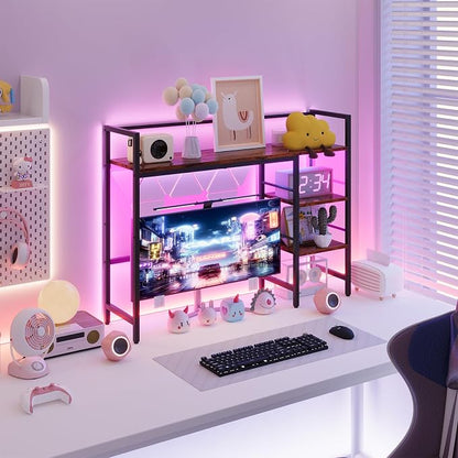 HavenlyYouth Desk Shelf with LED Light Strip, 3-Tier Storage Desktop Organizer Shelf, 38.6" Wood Desktop Bookshelf for Computer Monitor, Desk Hutch for Home Office Dorm, Rustic