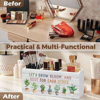 Boho Mental Health Classroom Pencil Pen Holder for Desk Organizer, Let's Grow Bloom and Root for Each Other Motivational Wooden Box Decorations for Therapy Office Desk Tabletop Decor