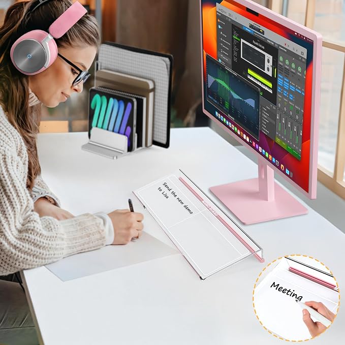 Ergonomic Computer Keyboard Stand - 17 Inch Clear Acrylic Keyboard Riser for Desk Tilted Keyboard Holder Tray with Memo Board & Pink Non-Slip Strip for Home Office Easy Typing & Working