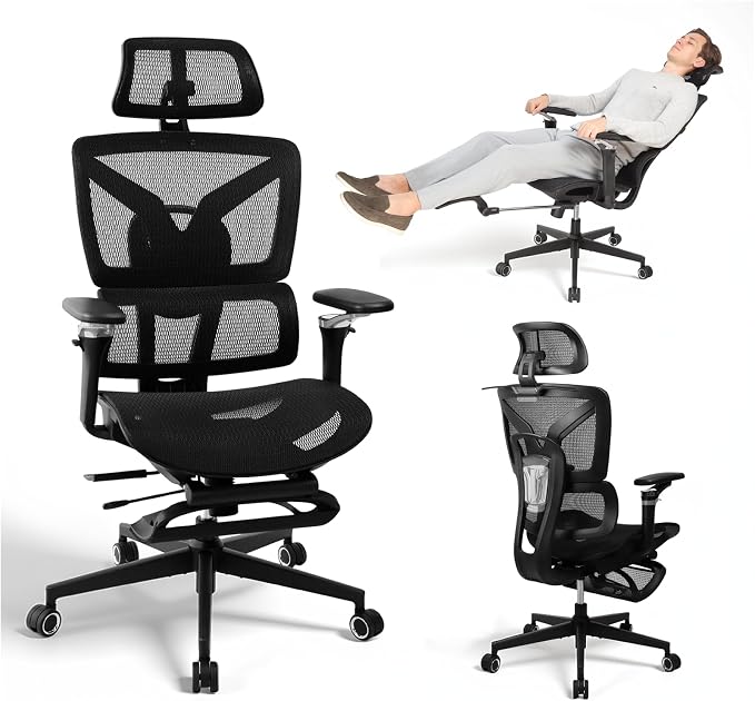 Ergonomic Office Chair with Footrest, 5D Adjustable Armrests, Lumbar Support, Big and Tall Mesh Reclining Swivel Chair for Home Office or Gaming, Adjustable Seat Depth, S3 Elite Pro