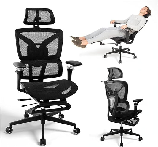 Ergonomic Office Chair with Footrest, 5D Adjustable Armrests, Lumbar Support, Big and Tall Mesh Reclining Swivel Chair for Home Office or Gaming, Adjustable Seat Depth, S3 Elite Pro
