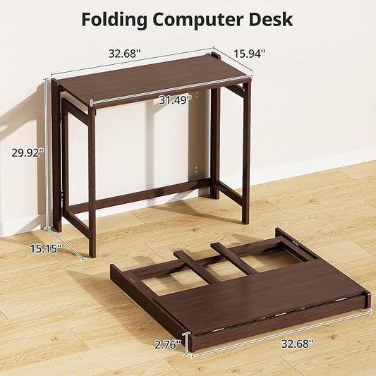 Bamboo Folding Desk 32.68 Inch, Small Foldable Desk for Small Spaces, Writing Desk Computer Table for Bedroom Home Office, Space Saving Foldable Desk, Easy Assembly, Brown