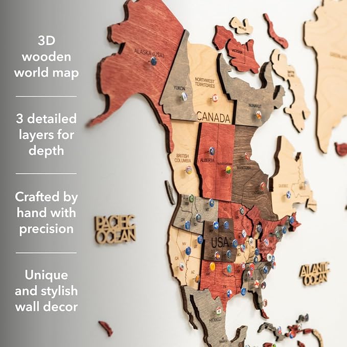 Enjoy The Wood 3D Wooden World Map Wall Art - Large Travel Map with Pins for Art Decor - Decorative Map of the World for Home, Office - Travel Wall Art Housewarming Gift Idea (Fusion, 2XL, Unframed)