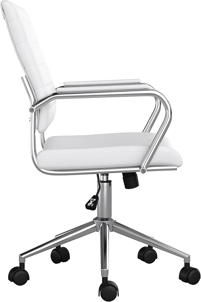 Martha Stewart Piper Swivel Task Chair with Armrests for Home Office in White Faux Leather with Polished Nickel Frame