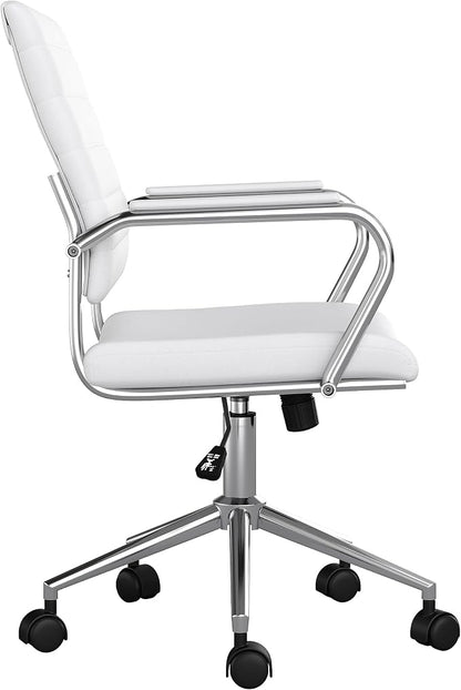 Martha Stewart Piper Swivel Task Chair with Armrests for Home Office in White Faux Leather with Polished Nickel Frame
