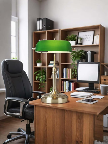 Green Glass Bankers Desk Lamp with Pull Chain Switch Plug in | Fixture for Home Office