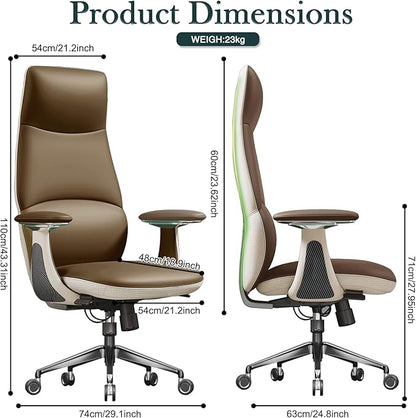 Ergonomic Genuine Leather Office Chair, Executive Chair with Tilt Adjustable High Back and Lumbar Support, 400lbs Weight Capacity Metal Base with 360° Flexible Wheels (Brown)