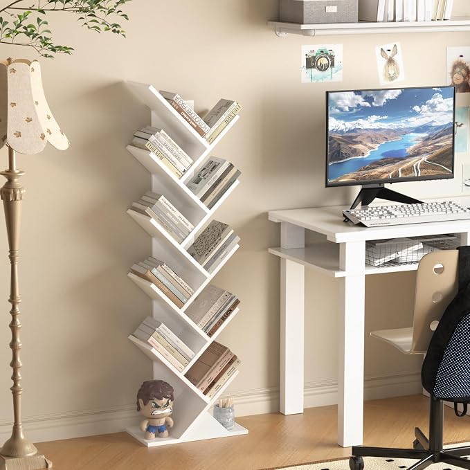 SHEEPAM 10 Tier Tree Book Shelf, Floor Standing Wood Bookshelf for Narrow Space, Storage Organizer Bookshelves for Books/CDs/Magazine, Bookcase with Shelves for Home Office, Living Room - White