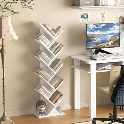 SHEEPAM 10 Tier Tree Book Shelf, Floor Standing Wood Bookshelf for Narrow Space, Storage Organizer Bookshelves for Books/CDs/Magazine, Bookcase with Shelves for Home Office, Living Room - White