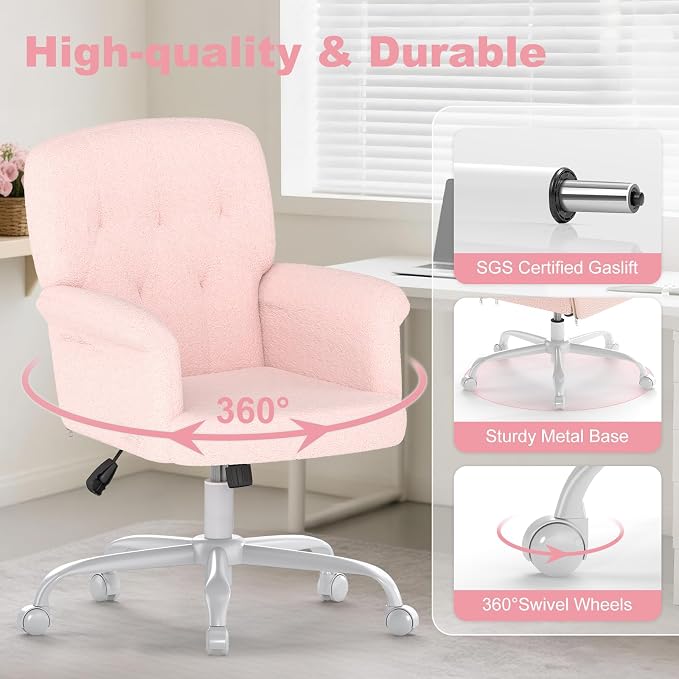 Comfy Home Office Desk Chair, Upholstered Fuzzy Vanity Chair with Wheels and Arms, Modern Adjustable Swivel Computer Seat for Make Up, Home Office, Living Room, Bedroom, Teddy Fleece, Pink