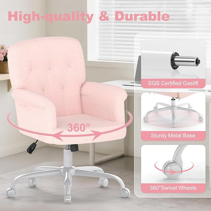 Comfy Home Office Desk Chair, Upholstered Fuzzy Vanity Chair with Wheels and Arms, Modern Adjustable Swivel Computer Seat for Make Up, Home Office, Living Room, Bedroom, Teddy Fleece, Pink