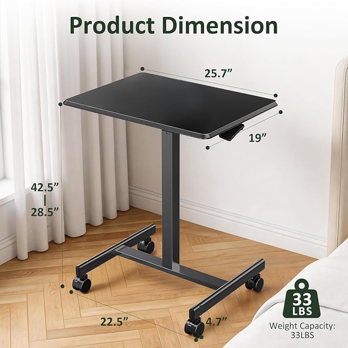 Adjustable Mobile Standing Desk, Rolling Sit-Stand Laptop Desk with Locking Wheels, Compact Portable Computer Table for Home Office or Dorm, Black