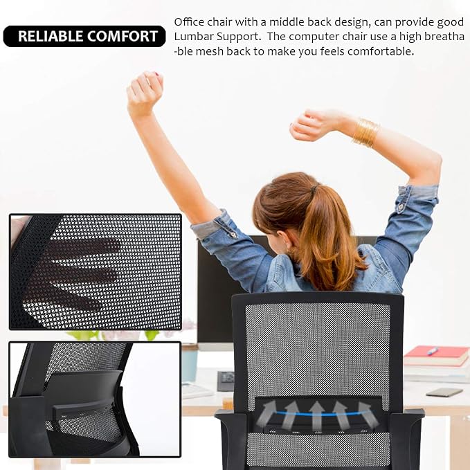 BestOffice Swivel Rolling Computer Chair Executive Lumbar Support Task Mesh Chair Adjustable Stool for Women Men (Black)