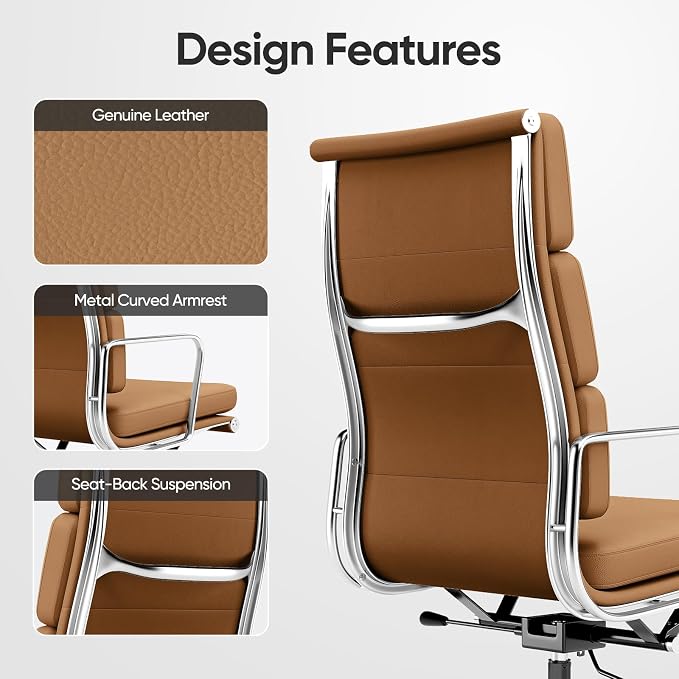 Genuine Leather Office Chair, Padded Executive Desk Chair with Arms, Wheels, Lumbar Support, Aluminum Base (Light Brown, High-Back)